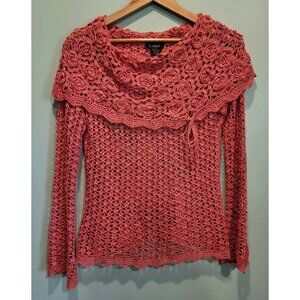 Vtg Salmon Pink Crochet Long Sleeve Cowl Neck Top Open Knit Bow Cottage Sz S